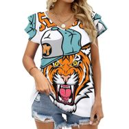 AILLOSA TH-176 V Yakalı Fırfırlı Baskılı Kadın T-shirt