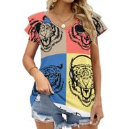 AILLOSA TH-178 V Yakalı Fırfırlı Baskılı Kadın T-shirt