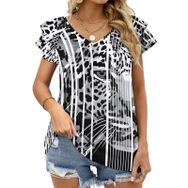 AILLOSA TH-180 V Yakalı Fırfırlı Baskılı Kadın T-shirt