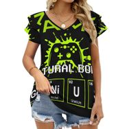 AILLOSA TH-183 V Yakalı Fırfırlı Baskılı Kadın T-shirt