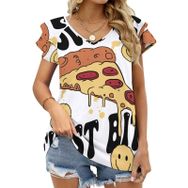 AILLOSA TH-184 V Yakalı Fırfırlı Baskılı Kadın T-shirt