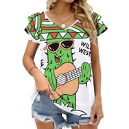 AILLOSA TH-185 V Yakalı Fırfırlı Baskılı Kadın T-shirt