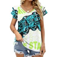 AILLOSA TH-186 V Yakalı Fırfırlı Baskılı Kadın T-shirt