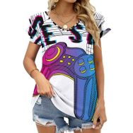 AILLOSA TH-187 V Yakalı Fırfırlı Baskılı Kadın T-shirt