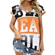 AILLOSA TH-189 V Yakalı Fırfırlı Baskılı Kadın T-shirt