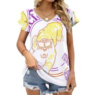 AILLOSA TH-190 V Yakalı Fırfırlı Baskılı Kadın T-shirt