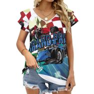 AILLOSA TH-193 V Yakalı Fırfırlı Baskılı Kadın T-shirt