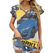 AILLOSA TH-194 V Yakalı Fırfırlı Baskılı Kadın T-shirt