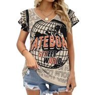 AILLOSA TH-195 V Yakalı Fırfırlı Baskılı Kadın T-shirt