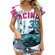 AILLOSA TH-197 V Yakalı Fırfırlı Baskılı Kadın T-shirt