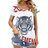 AILLOSA TH-199 V Yakalı Fırfırlı Baskılı Kadın T-shirt