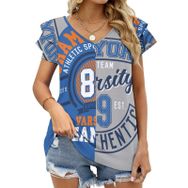 AILLOSA TH-201 V Yakalı Fırfırlı Baskılı Kadın T-shirt