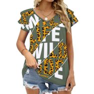 AILLOSA TH-202 V Yakalı Fırfırlı Baskılı Kadın T-shirt