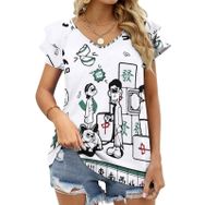 AILLOSA TH-25 V Yakalı Fırfırlı Baskılı Kadın T-shirt