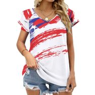 AILLOSA TH-266 V Yakalı Fırfırlı Baskılı Kadın T-shirt