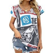 AILLOSA TH-268 V Yakalı Fırfırlı Baskılı Kadın T-shirt