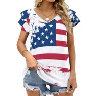 AILLOSA TH-280 V Yakalı Fırfırlı Baskılı Kadın T-shirt