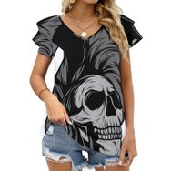 AILLOSA TH-283 V Yakalı Fırfırlı Baskılı Kadın T-shirt