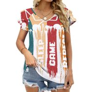 AILLOSA TH-286 V Yakalı Fırfırlı Baskılı Kadın T-shirt