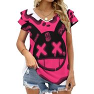 AILLOSA TH-29 V Yakalı Fırfırlı Baskılı Kadın T-shirt