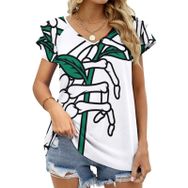 AILLOSA TH-291 V Yakalı Fırfırlı Baskılı Kadın T-shirt