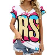 AILLOSA TH-293 V Yakalı Fırfırlı Baskılı Kadın T-shirt