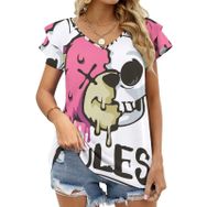 AILLOSA TH-295 V Yakalı Fırfırlı Baskılı Kadın T-shirt