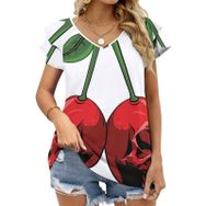 AILLOSA TH-296 V Yakalı Fırfırlı Baskılı Kadın T-shirt