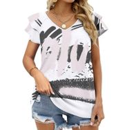 AILLOSA TH-297 V Yakalı Fırfırlı Baskılı Kadın T-shirt