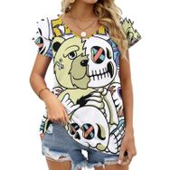 AILLOSA TH-298 V Yakalı Fırfırlı Baskılı Kadın T-shirt