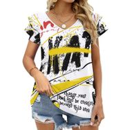 AILLOSA TH-299 V Yakalı Fırfırlı Baskılı Kadın T-shirt