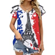 AILLOSA TH-301 V Yakalı Fırfırlı Baskılı Kadın T-shirt