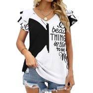 AILLOSA TH-303 V Yakalı Fırfırlı Baskılı Kadın T-shirt