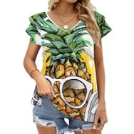 AILLOSA TH-304 V Yakalı Fırfırlı Baskılı Kadın T-shirt