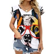 AILLOSA TH-305 V Yakalı Fırfırlı Baskılı Kadın T-shirt