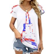 AILLOSA TH-306 V Yakalı Fırfırlı Baskılı Kadın T-shirt