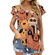 AILLOSA TH-307 V Yakalı Fırfırlı Baskılı Kadın T-shirt