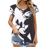AILLOSA TH-308 V Yakalı Fırfırlı Baskılı Kadın T-shirt