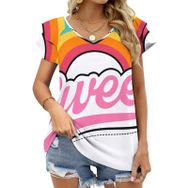 AILLOSA TH-31 V Yakalı Fırfırlı Baskılı Kadın T-shirt