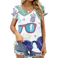 AILLOSA TH-310 V Yakalı Fırfırlı Baskılı Kadın T-shirt