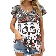 AILLOSA TH-316 V Yakalı Fırfırlı Baskılı Kadın T-shirt