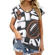 AILLOSA TH-321 V Yakalı Fırfırlı Baskılı Kadın T-shirt