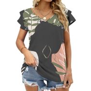 AILLOSA TH-323 V Yakalı Fırfırlı Baskılı Kadın T-shirt