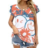 AILLOSA TH-326 V Yakalı Fırfırlı Baskılı Kadın T-shirt