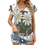 AILLOSA TH-328 V Yakalı Fırfırlı Baskılı Kadın T-shirt