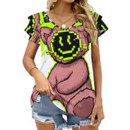 AILLOSA TH-331 V Yakalı Fırfırlı Baskılı Kadın T-shirt