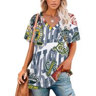 AILLOSA TH-332 Tamamı Baskılı V Yaka Kısa Kollu Kadın T-shirt