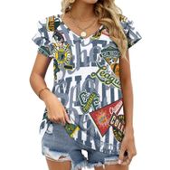 AILLOSA TH-332 V Yakalı Fırfırlı Baskılı Kadın T-shirt