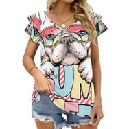 AILLOSA TH-333 V Yakalı Fırfırlı Baskılı Kadın T-shirt