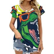 AILLOSA TH-339 V Yakalı Fırfırlı Baskılı Kadın T-shirt